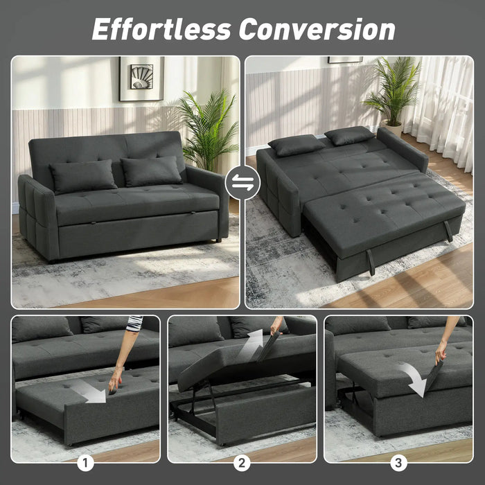 Collage of a gray sofa bed being converted into a sectional sofa with text 'Effortless Conversion'.