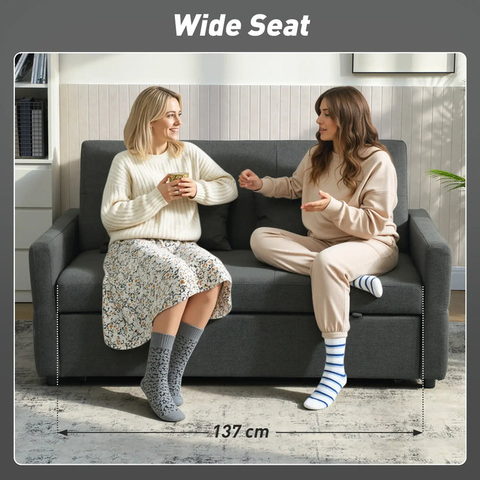 Two women sitting on a gray sofa with a measurement label indicating the width of the seat.