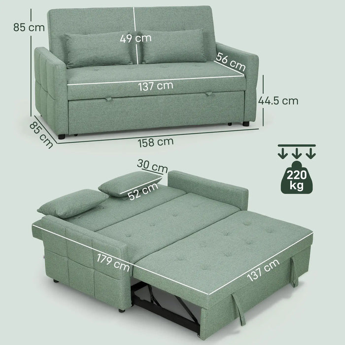 Green sofa bed with dimensions and weight capacity displayed on a light gray background