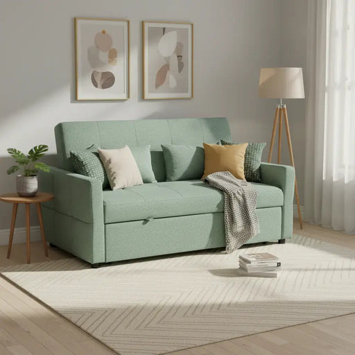 Green sofa bed in a living room with decor elements.