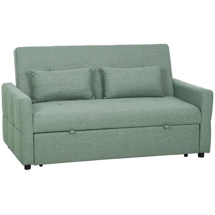 Green sofa bed with two cushions on a white background