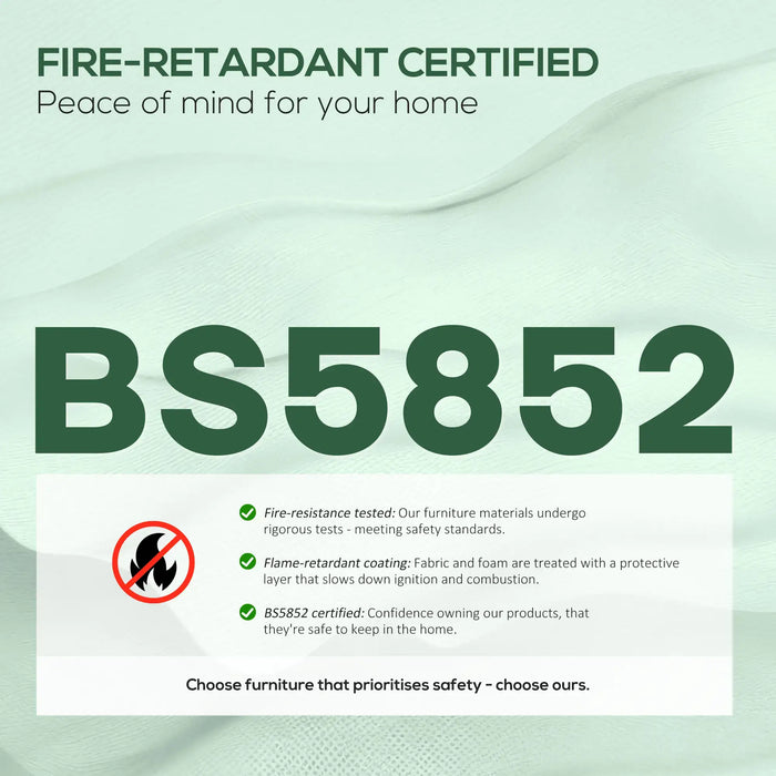 Fire-retardant certified product with BS5852 certification on a light green background