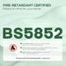 Fire-retardant certified product with BS5852 certification on a light green background