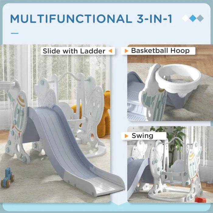 3-in-1 space-themed kids playset with slide, ladder, swing, and basketball hoop indoors