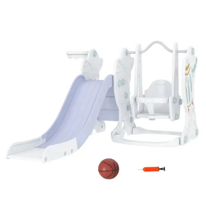 3-in-1 space-themed kids swing and slide set with basketball hoop, ball, and pump