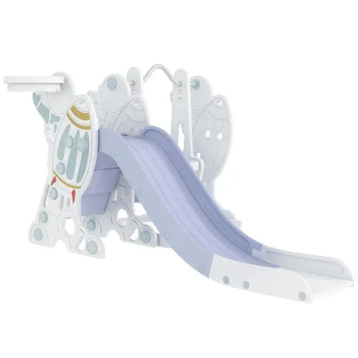 3-in-1 space-themed kids swing and slide set with basketball hoop, white and light blue