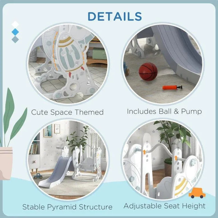 3-in-1 space-themed swing and slide set with basketball hoop, ball, and pump for toddlers