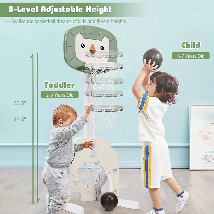 Children playing with a height-adjustable basketball hoop in a room.