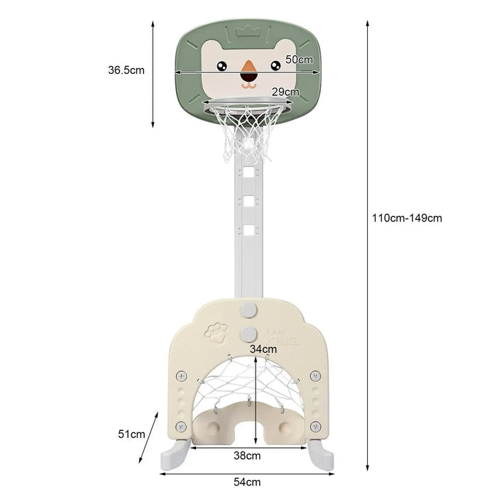 Children's basketball hoop with bear-shaped backboard and measurements on a white background