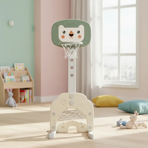 Children's basketball hoop with cartoon face design in a room with toys and books.