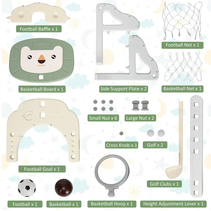 Children's play gym components with labels on a white background