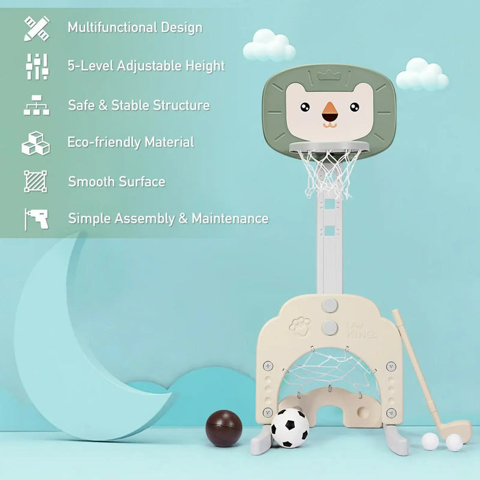 Children's basketball hoop with cartoon lion design on a light blue background