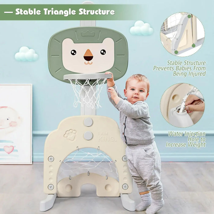 Child playing with a baby basketball hoop set against a light blue wall.