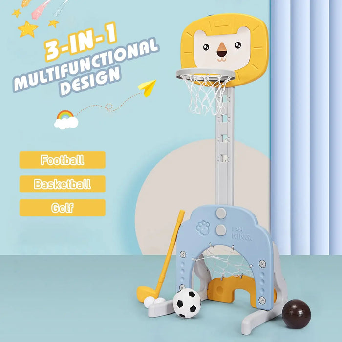 Multifunctional children's sports toy with lion-themed basketball hoop on a light blue background