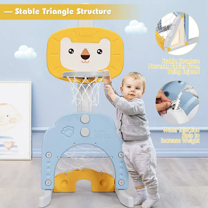 Child playing with a lion-themed basketball hoop in a room with a blue wall.