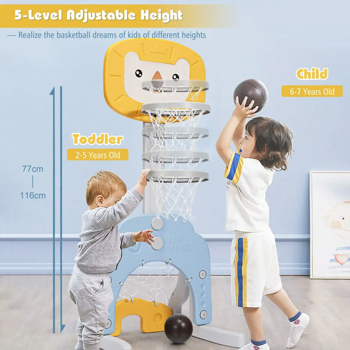 Children playing with a height-adjustable basketball hoop system.