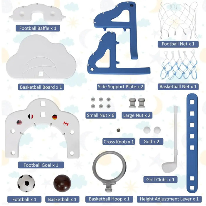 Kids sports kit parts including basketball board, football goal, nets, balls, blue side support plates, basketball hoop, golf club, height lever, and nuts