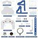 Kids sports kit parts including basketball board, football goal, nets, balls, blue side support plates, basketball hoop, golf club, height lever, and nuts
