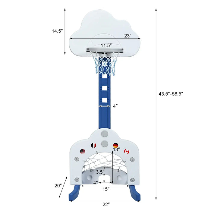 Children's adjustable basketball hoop with cloud-shaped backboard and blue stand, measurements shown