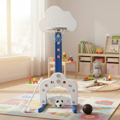 Children's indoor sports set with basketball hoop, soccer goal, golf club, and balls on colorful play mat