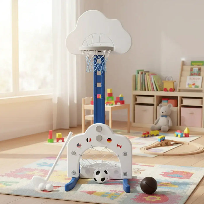 Children's indoor sports set with basketball hoop, soccer goal, golf club, and balls on colorful play mat