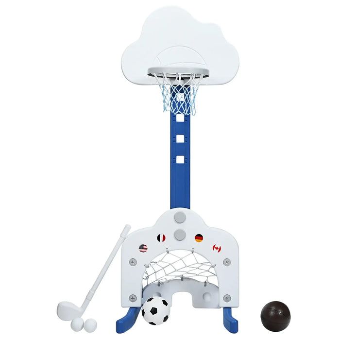 Multi-sport toy with basketball hoop, soccer goal, and additional sports equipment on a white background