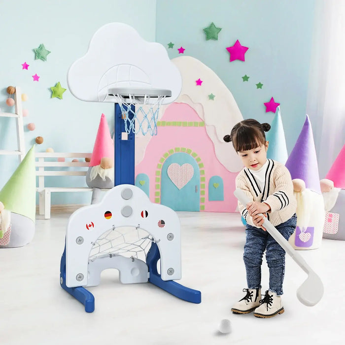 Child playing with a toy hockey stick in a colorful playroom.
