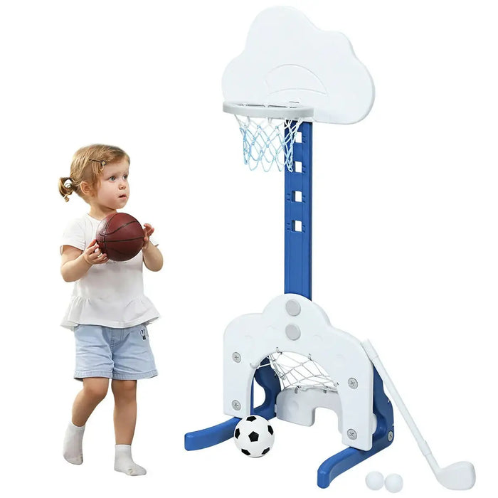 Child holding a basketball next to a multi-sport toy set on a white background
