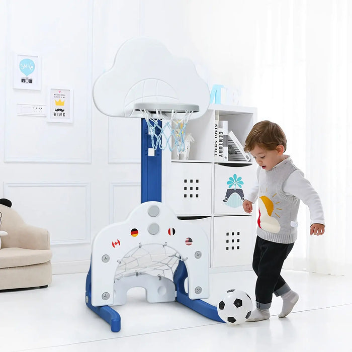 Child playing with a multi-functional play structure in a room.
