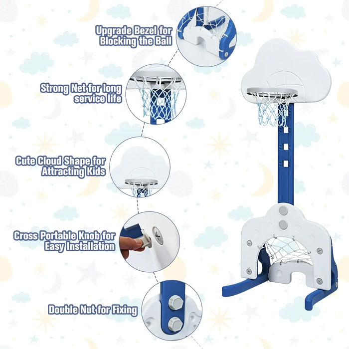 Children's basketball hoop with features highlighted on a light background