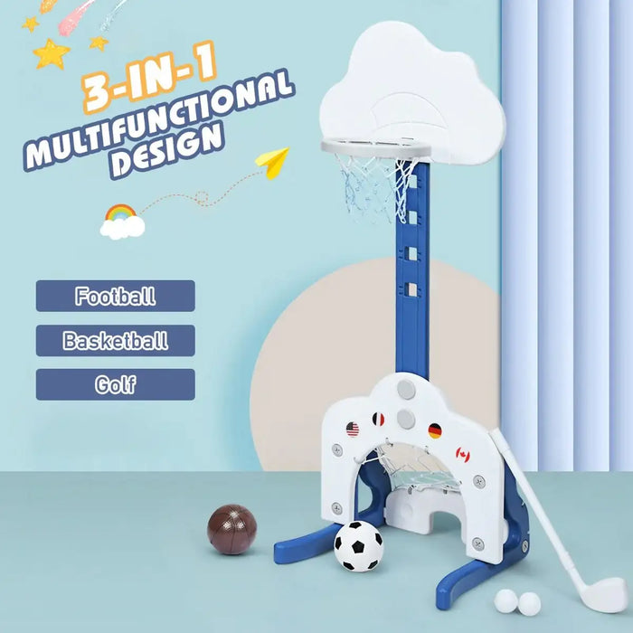 3-in-1 multifunctional kids sports set with basketball hoop, soccer goal, golf club, and balls