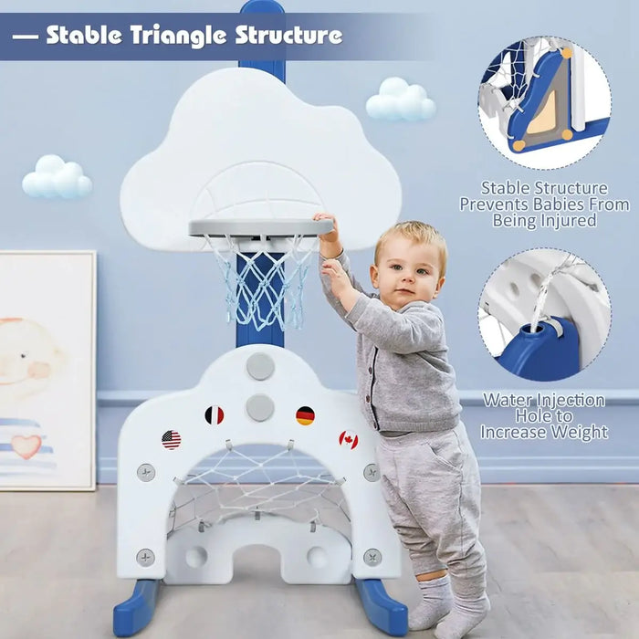 Toddler playing with blue and white indoor basketball hoop with stable triangle base and water injection hole