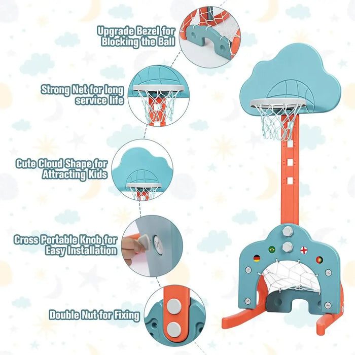 Kids basketball hoop with cloud-shaped backboard, strong net, adjustable height, and easy installation