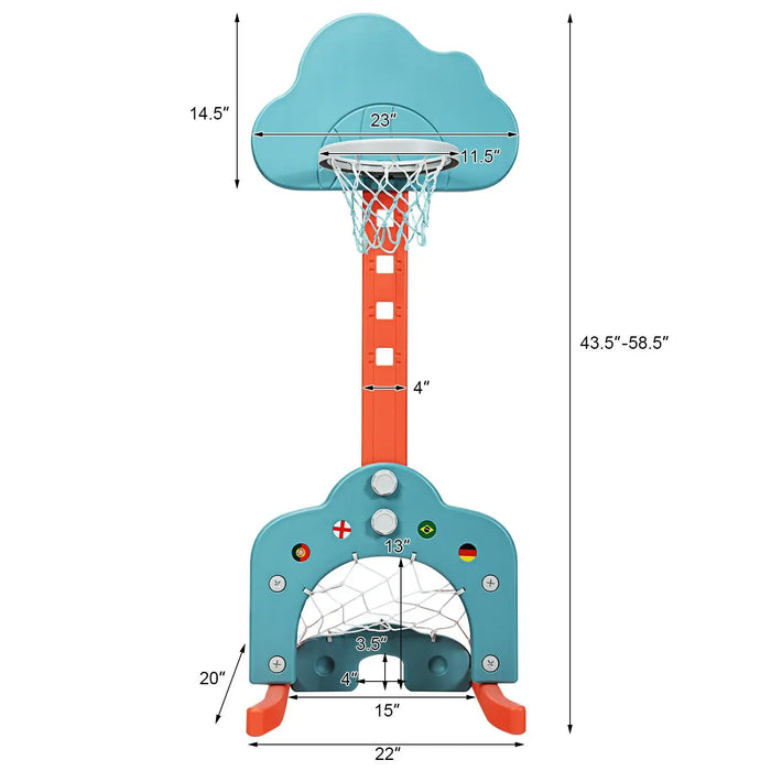 Adjustable blue and orange kids' basketball hoop with net and base, showing various measurements