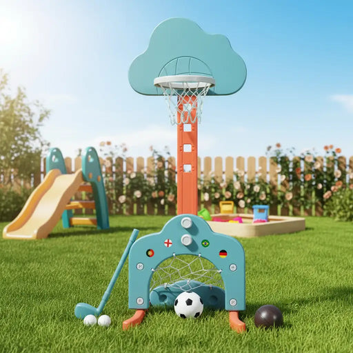 Colorful children's outdoor playset with basketball hoop, mini soccer goal, golf club, and balls on green grass
