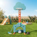 Colorful children's outdoor playset with basketball hoop, mini soccer goal, golf club, and balls on green grass
