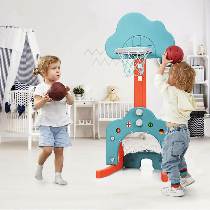 Two toddlers playing indoor with colorful kids basketball hoop in a bright nursery room