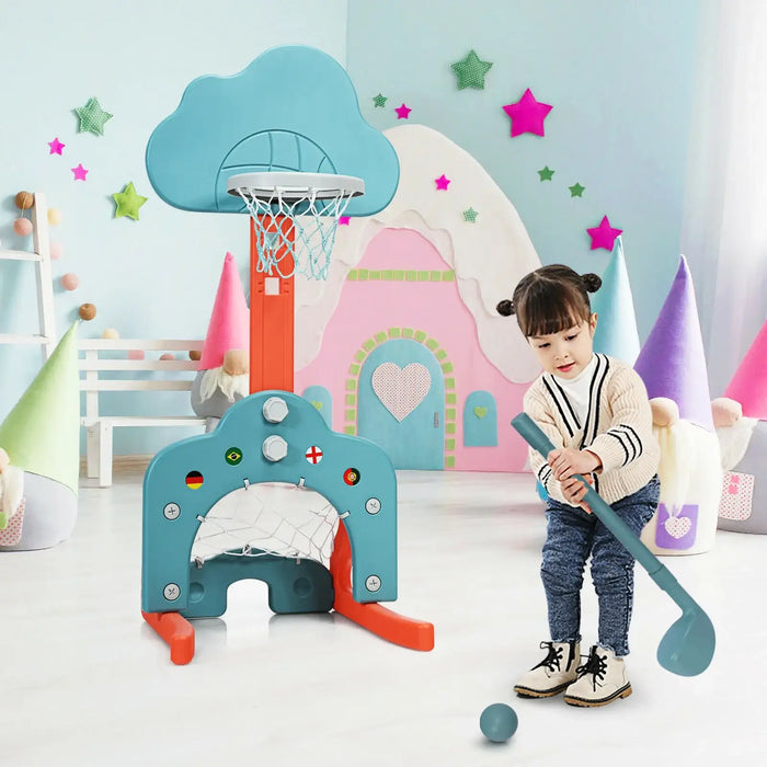 Toddler girl playing indoor mini golf near colorful basketball hoop in bright playroom