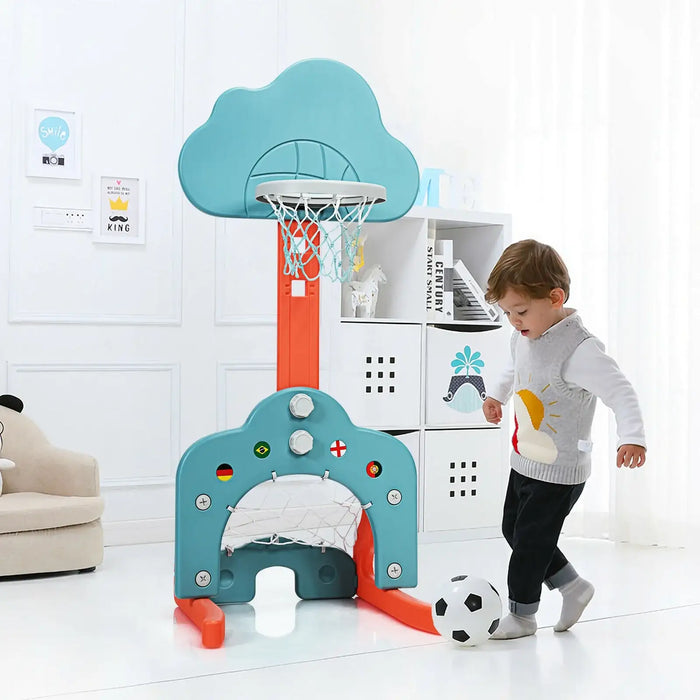 Toddler playing indoor soccer with a blue and orange kids basketball and soccer goal set