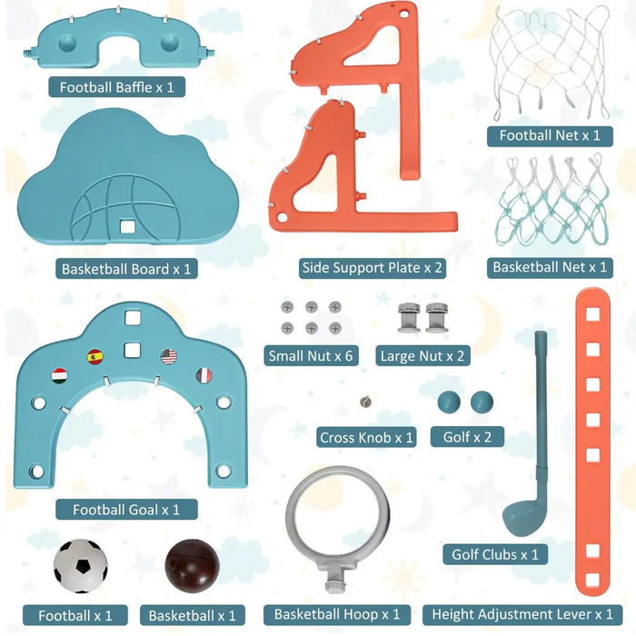 Children sports playset parts including basketball hoop, nets, balls, football goal, golf club, and support plates