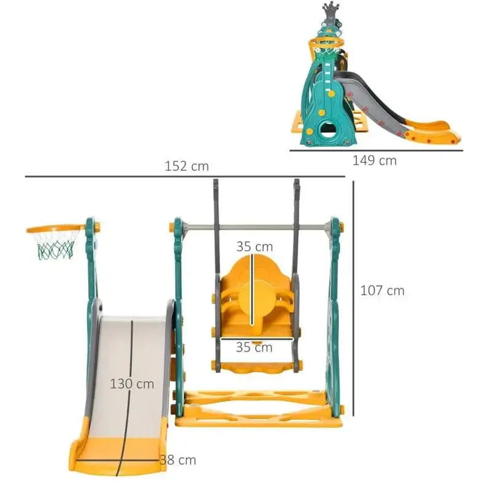 3-in-1 toddler swing and slide set with basketball hoop, yellow and teal, with measurements