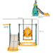 3-in-1 toddler swing and slide set with basketball hoop, yellow and teal, with measurements