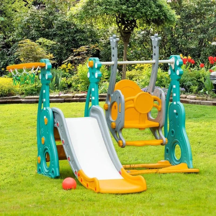 3-in-1 toddler swing and slide set with basketball hoop for outdoor play in garden