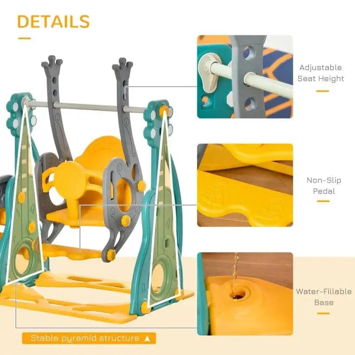 3-in-1 toddler swing and slide set details, adjustable seat, non-slip pedal, water-fill base