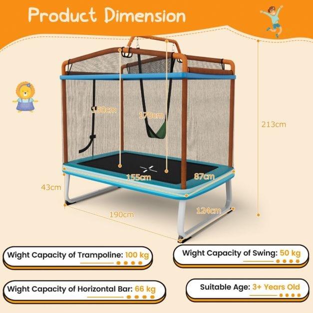 3-in-1 Trampoline with Enclosure, Detachable Swing and Horizontal Bar in Blue and Orange Ø190cm - Little and Giant Explorers Costway