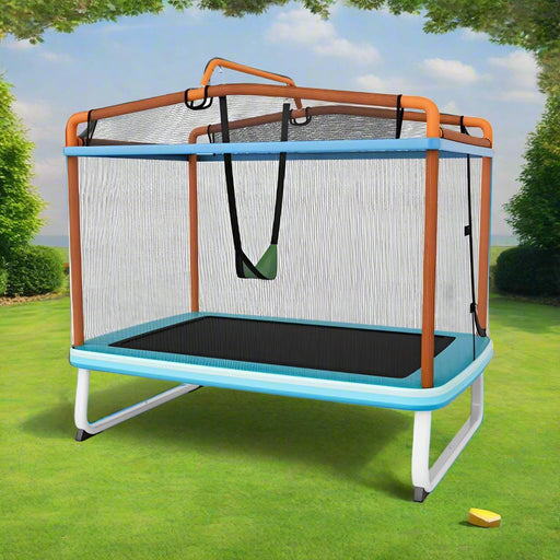 3-in-1 Trampoline with Enclosure, Detachable Swing and Horizontal Bar in Blue and Orange Ø190cm - Little and Giant Explorers Costway