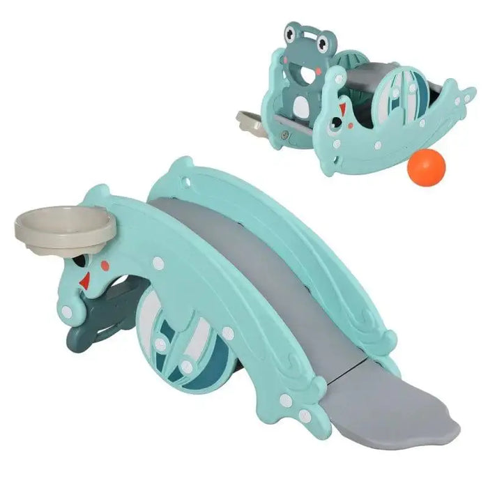 3-in-1 kids frog and dolphin themed rocking horse, slide, and basketball hoop toy set