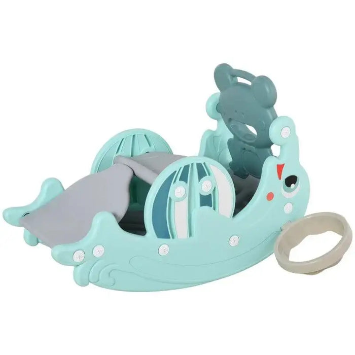 3-in-1 aqua blue kids transforming rocking horse, slide, and basketball hoop toy