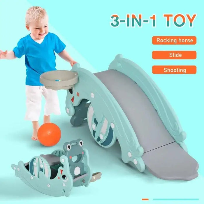 Child playing with 3-in-1 kids toy featuring slide, basketball hoop, and rocking horse in frog and dolphin theme.