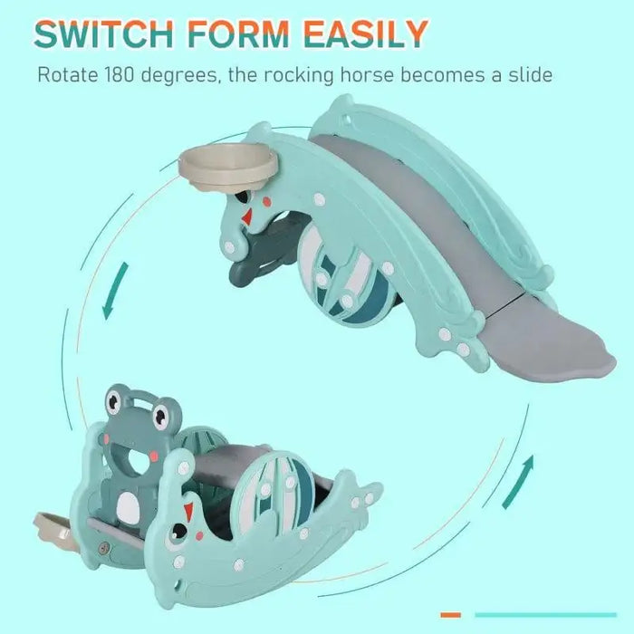 3-in-1 kids rocking horse, slide, and basketball hoop in frog and dolphin theme on blue background